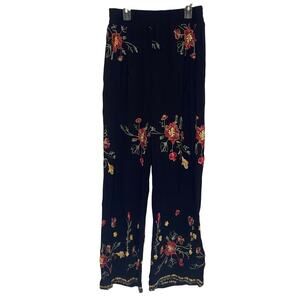 Liv Los Angeles Black Floral Embroidered Pull On Wide Leg Trouser Pants Medium